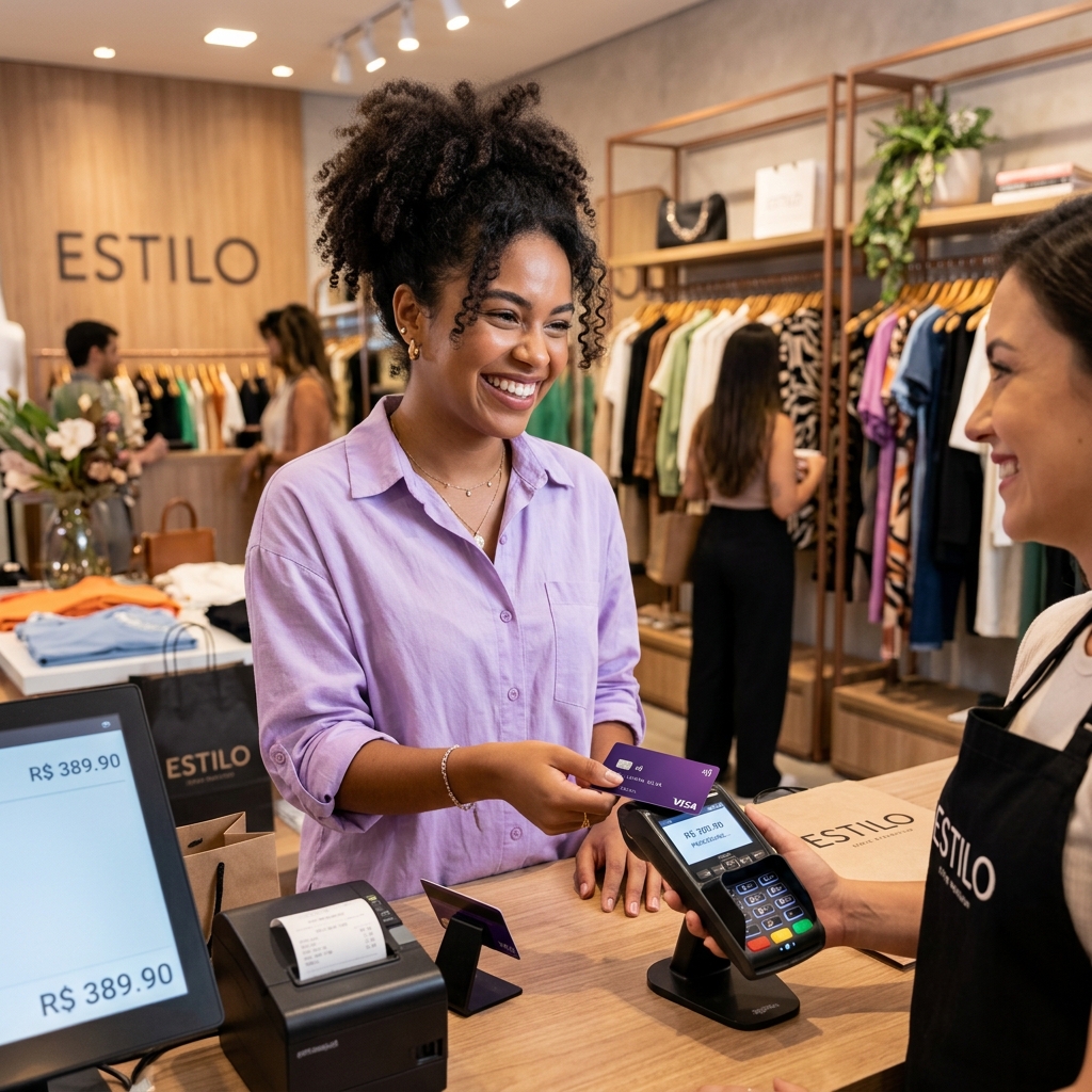 Woman Tapping Card at Store Reader